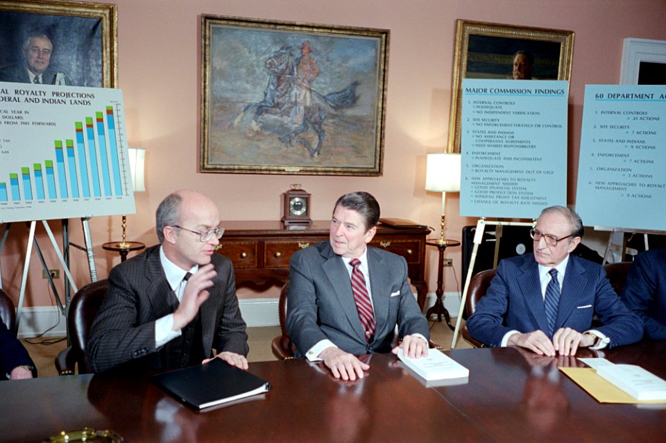 President Ronald Reagan during a meeting with members of the President's Commission on Fiscal Accountability