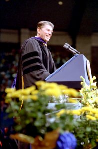 President Ronald Reagan giving speech at Commencement ceremony at University of Notre Dame