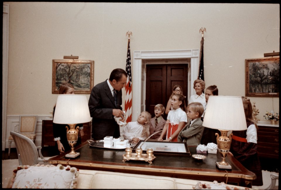 President Richard Nixon Giving the Children of Apollo 15 Astronauts Small Gifts in the White House Yellow Oval Room