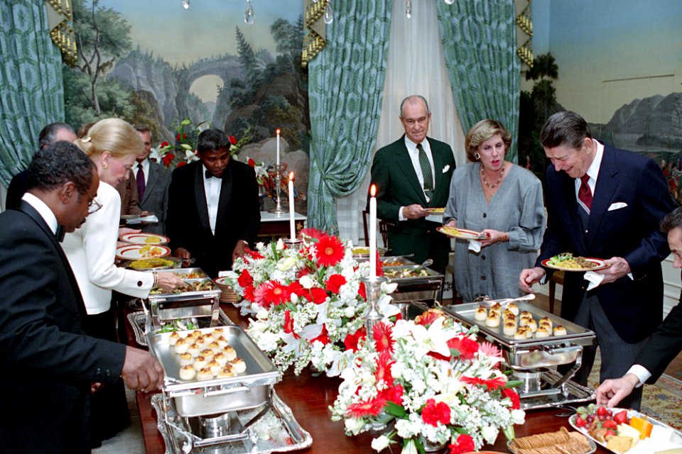 President Ronald Reagan During An Election Night Private Party in The Presidents Dining Room with Richard Helms Sarah Brady and Mary Jane Wick