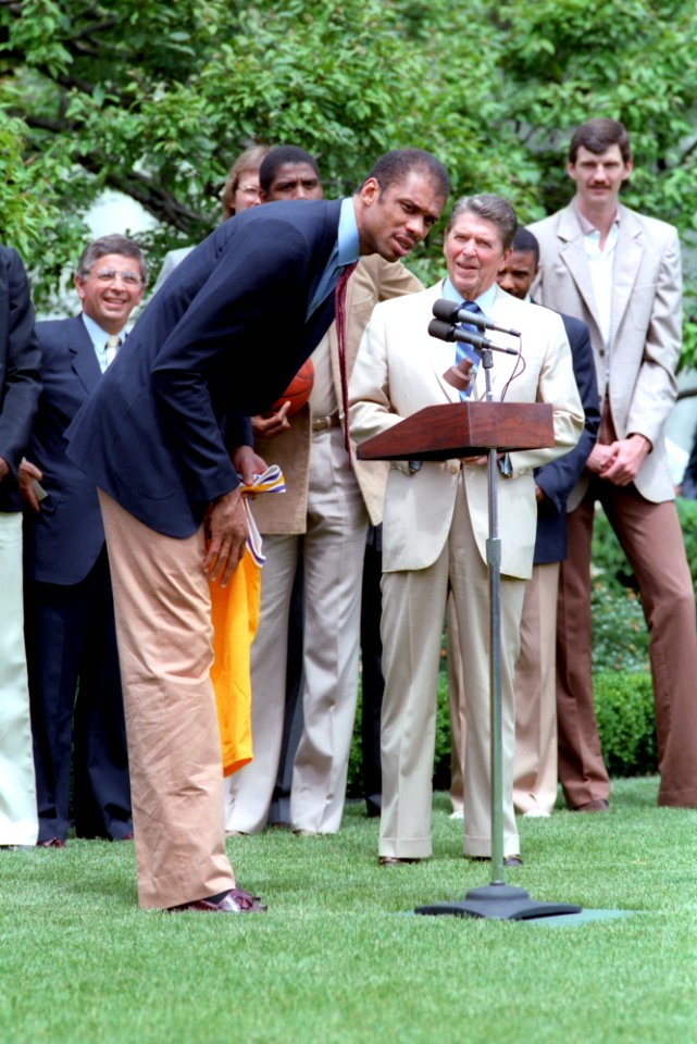 President Ronald Reagan hosting the NBA champion Los Angeles Lakers at the White House