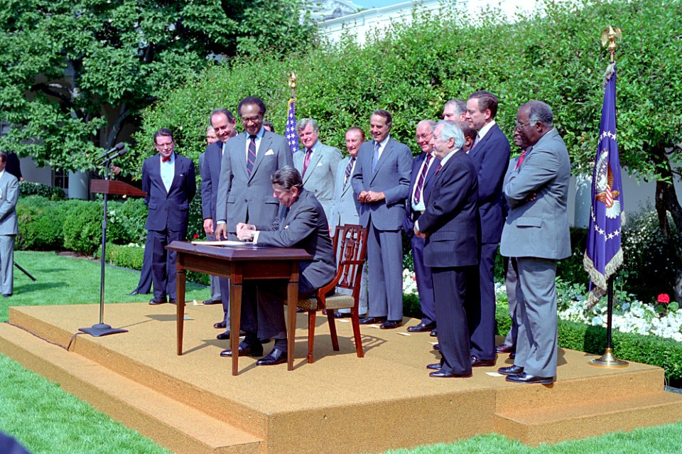 President Ronald Reagan during the signing ceremony for the Fair Housing Amendments Act