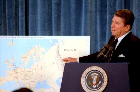 President Ronald Reagan gives a speech on Strategic Arms Reduction Talks
