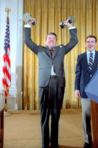 President Ronald Reagan lifting weights photo