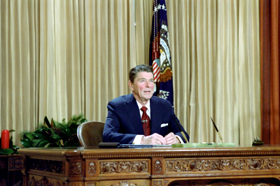 President Ronald Reagan giving Address to the Nation on Christmas and situation in Poland in Oval Office