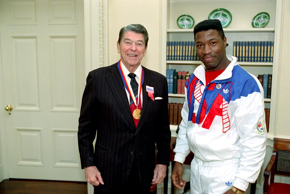 President Ronald Reagan During a Photo Op with Ray Mercer An 1988 Summer Olympic Athlete Gold Medalist in Boxing in The Oval Office