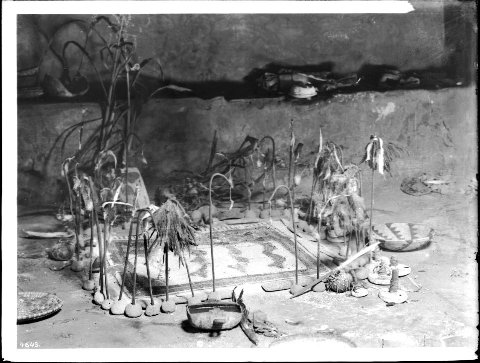 Sacred altar made of corn meal in the antelope kiva for the Hopi Snake Dance Ceremony at Walpi, Arizona, ca.1897 (CHS-4643)