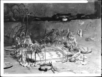Sacred altar made of corn meal in the antelope kiva for the Hopi Snake Dance Ceremony at Walpi, Arizona, ca.1897 (CHS-4643)