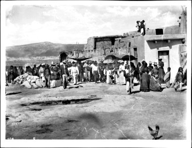 Sacred procession for the Fiesta de San Esteban (Saint Stephen), Acoma Pueblo, ca.1900 (CHS-4518)