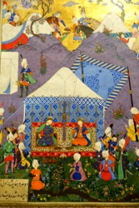 Salm and Tur receive the reply of Faridun and Manuchihr, folio from Shahnameh of Shah Tahmasp, attrib. 'Abd al-'Aziz, Iran, Tabriz, c. 1522-1535 AD, view 2 - Aga Khan Museum - Toronto, Canada - DSC06923 photo