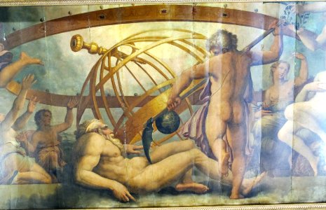 Sala degli elementi, crono, tra allegorie, mutila urano per originare i 4 elementi, di vasari, c. gherardi e m. da faenza 03