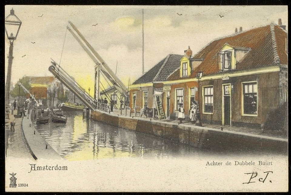 Schinkel en Overtoomse Sluis naar de Overtoom achter de Dubbele Buurt. Uitgave Glückstadt & Münden, Hamburg, Afb ANWU01757000002
