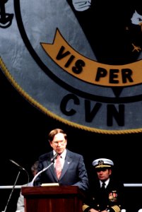 Sam Nunn speaks during the commissioning ceremony for the nuclear-powered aircraft carrier USS CARL VINSON (CVN-70)