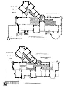 Schloß Langenzell in Neckargemünd, Architekt L. Schäfer, Mannheim, älterer Teil v. Mythus & Bluntschli , Frankfurt a. M., Tafel 51, Grundriss, Kick Jahrgang I