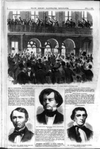 Secession meeting in front of the Mills House, Meeting Street, Charleston, S.C. (with portraits of Hon. James Chesnut, Jr., seceding Senator from South Carolina; Hon.Robert Toombs, Senator LCCN99614055
