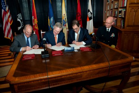 SECNAV Ray Mabus, Robert Barchi, and Christopher Eisgruber sign an agreement bringing Navy ROTC back to Princeton (13901005943)