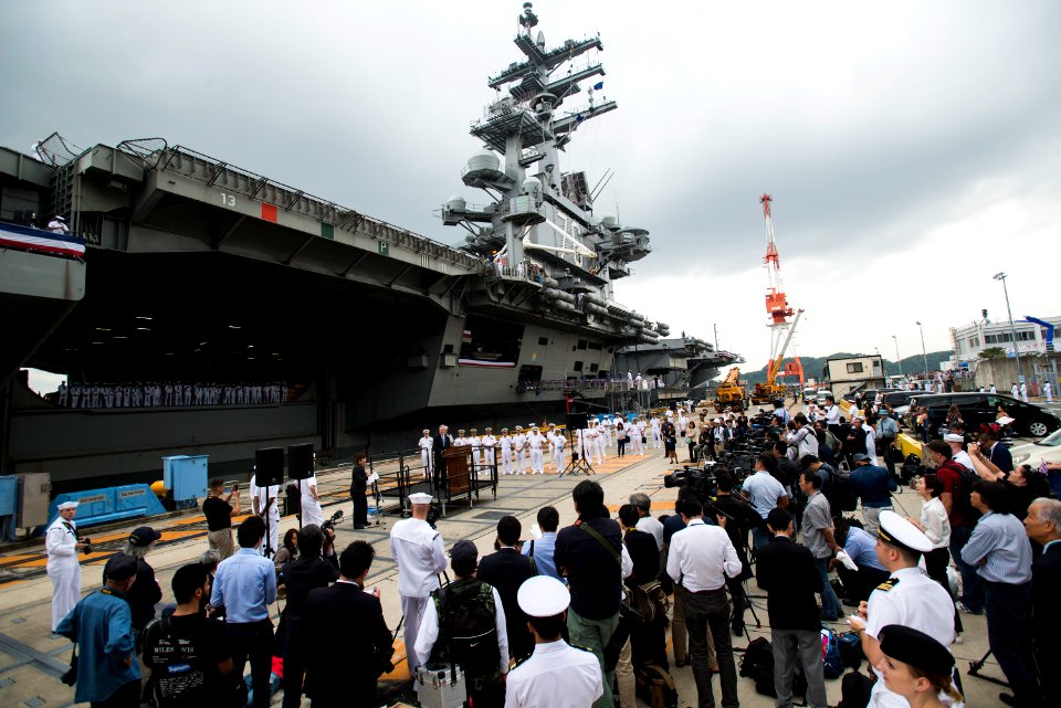 SECNAV speaks with media during a press conference after arriving to Fleet Activities Yokosuka. (21680723590)