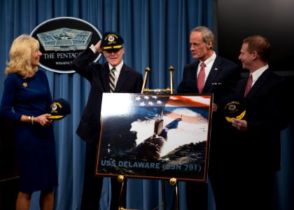 SECNAV wears his USS Delaware ball cap. (8202190525)