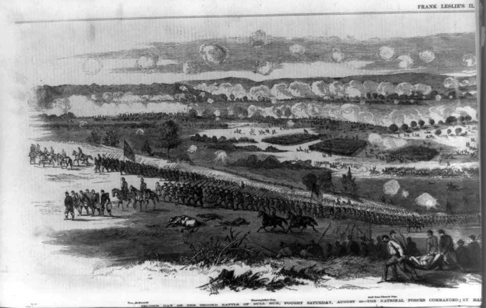 Second day of the second battle of Bull Run, fought Saturday, August 30-the National forces commanded by Major General Pope, and the rebel troops by General Lee, Jackson and Longstreet - LCCN92501087