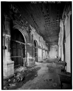 Second floor; view north-east down entrance lobby (loggia of south - front - elevation) - North Philadelphia Station