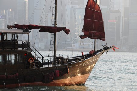 Hong kong junk red sail boat iconic symbol kowloon gray boat