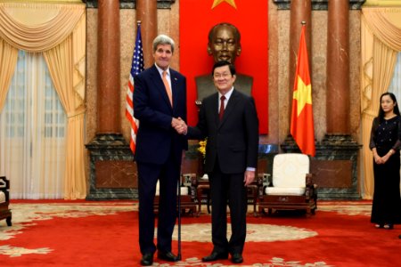 Secretary Kerry and Vietnamese President Sang Shake Hands Before a Bilateral Meeting in Hanoi - 20181341978 photo