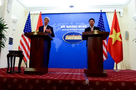 Secretary Kerry Addresses Reporters at Joint Press Conference With Vietnamese Foreign Minister Minh in Hanoi photo