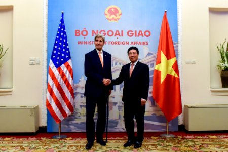 Secretary Kerry and Vietnamese Foreign Minister Minh Pose for a Photo Before Their Meeting in Hanoi photo