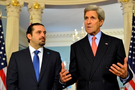Secretary Kerry Delivers Remarks With Former Lebanese Prime Minister Saad Hariri photo