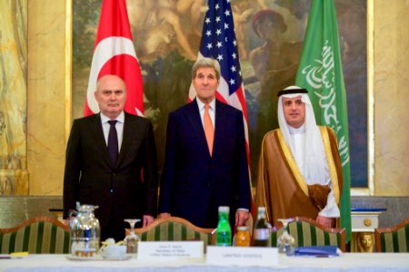 Secretary Kerry Meets With Turkish Foreign Minister Sinirlioglu and Saudi Foreign Minister al-Jubeir Before Trilateral Meeting in Austria Focused on Syria photo