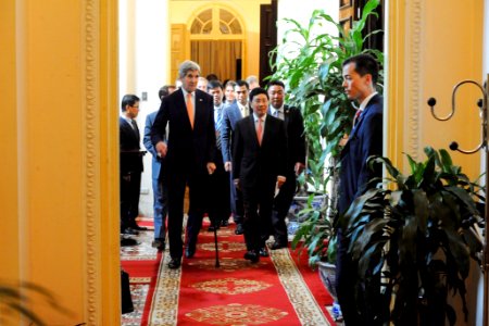 Secretary Kerry Walks With Vietnamese Deputy Prime Minister and Foreign Minister Minh as They Prepare to Address Reporters photo
