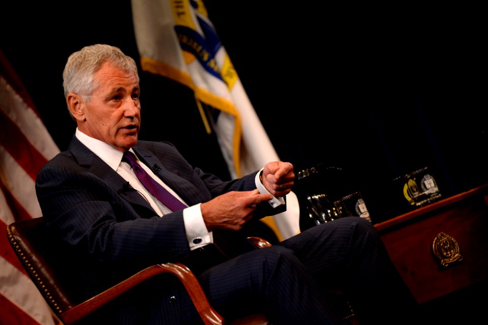 Secretary of Defense Chuck Hagel discusses current defense issues during a live interview with Jim Sciutto, the chief national security correspondent for CNN, at the U.S. Naval War College in Newport, R.I 140903-N-PX557-154
