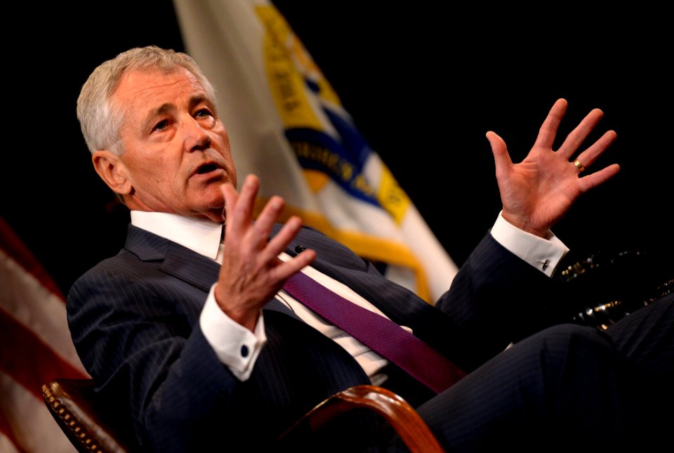Secretary of Defense Chuck Hagel discusses current defense issues during a live interview with Jim Sciutto, the chief national security correspondent for CNN, at the U.S. Naval War College in Newport, R.I 140903-N-PX557-161