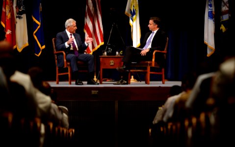Secretary of Defense Chuck Hagel, left, discusses current defense issues during a live interview with Jim Sciutto, the chief national security correspondent for CNN, at the U.S. Naval War College in Newport 140903-N-PX557-103