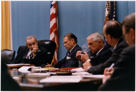 Secretary of Defense Robert McNamara and President Lyndon B. Johnson at National Security Council meeting - NARA - 192568