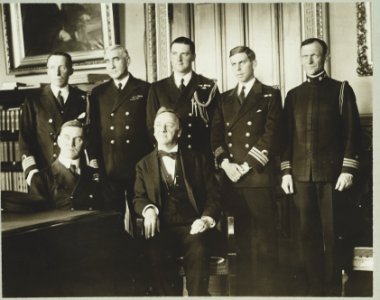 Secretary of Navy Josephus Daniels (center) seated with Admiral (Trevylyan) Napier, R.N.; standing left to right- Capt. Blake of Naval Attache British Embassy, Admiral Long of U.S.N., Lt. LCCN2010651700
