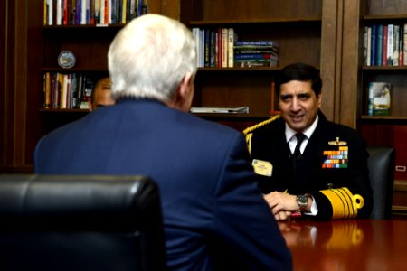 Secretary of the Navy (SECNAV) Ray Mabus meets with the Indian navy's Chief of Naval Staff Adm. Robin Dhowan on the margins of the International Seapower Symposium