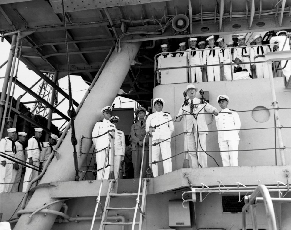 Secretary of the Navy Frank Knox addresses the crew of USS Omaha (CL-4), in mid-1943 (80-G-54197)
