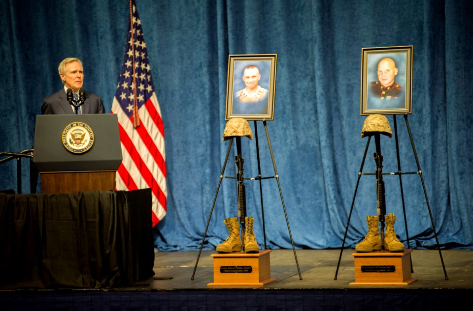 Secretary of the Navy Ray Mabus delivers remarks during the memorial at McKenzie Arena at University of Tennessee Chattanooga. (20415398700)