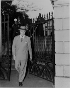 Secretary of State Edward Stettinius leaving the White House at about the time of President Harry S. Truman's... - NARA - 199068 photo