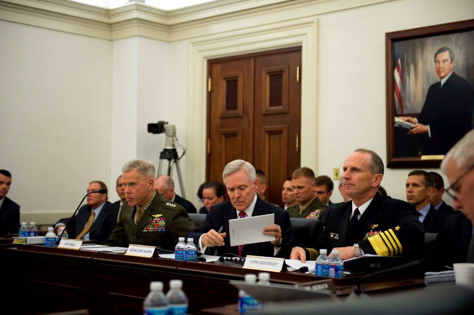 Secretary of the Navy Ray Mabus, center, Chief of U.S. Naval Operations Adm. Jonathan Greenert, right, and Commandant of the Marine Corps Gen. James Amos testify in Washington, D.C., May 7, 2013, before 130507-N-WL435-018