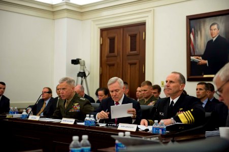 Secretary of the Navy Ray Mabus, center, Chief of U.S. Naval Operations Adm. Jonathan Greenert, right, and Commandant of the Marine Corps Gen. James Amos testify in Washington, D.C., May 7, 2013, before 130507-N-WL435-018 photo