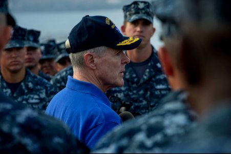 Secretary of the Navy Ray Mabus takes questions from U.S. Sailors aboard the guided missile destroyer USS Ramage (DDG 61) Nov. 15, 2013, at Naval Support Activity Souda Bay, Greece 131115-N-VC236-069