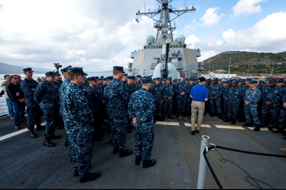 Secretary of the Navy Ray Mabus, center right, takes questions from U.S. Sailors aboard the guided missile destroyer USS Ramage (DDG 61) Nov. 15, 2013, at Naval Support Activity Souda Bay, Greece 131115-N-VC236-053