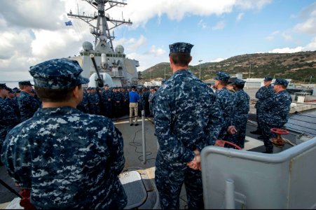 Secretary of the Navy Ray Mabus, center background, takes questions from U.S. Sailors aboard the guided missile destroyer USS Ramage (DDG 61) Nov. 15, 2013, at Naval Support Activity Souda Bay, Greece 131115-N-VC236-067
