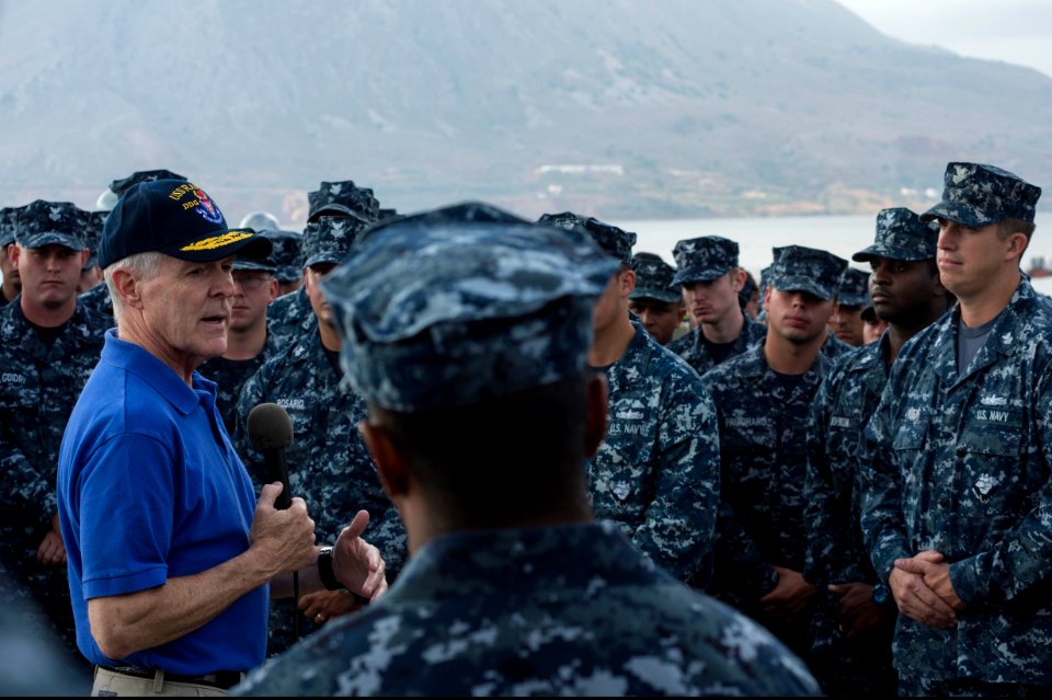 Secretary of the Navy Ray Mabus addresses U.S. Sailors aboard the guided missile destroyer USS Ramage (DDG 61) Nov. 15, 2013, at Naval Support Activity Souda Bay, Greece 131115-N-VC236-057