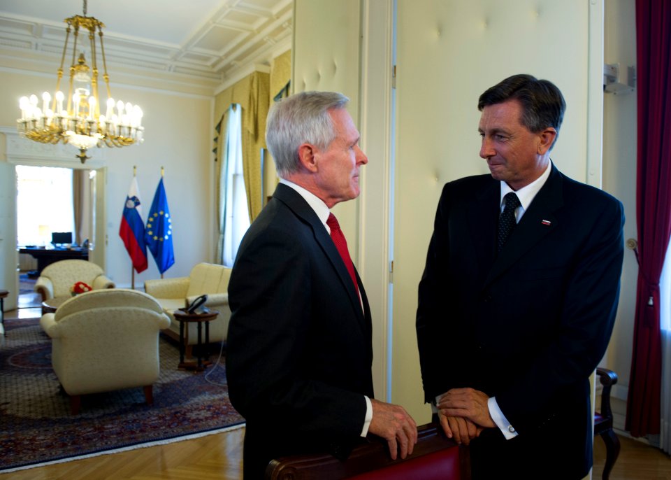 Secretary of the Navy Ray Mabus speaks with President of the Republic of Slovenia Borut Pahor at the Presidential Palace in Slovenia