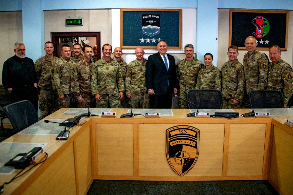 Secretary Pompeo Poses for a Group Photo at the Resolute Support Operations Center