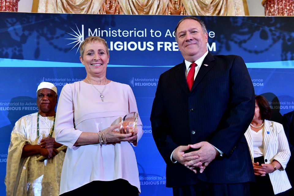 Secretary Pompeo Poses for a Photo With Salpy Eskidjian Weiderud of Cyprus