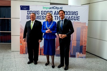 Secretary Pompeo Poses for a Photo With Mayor Krikke and Dutch Prime Minister Rutte